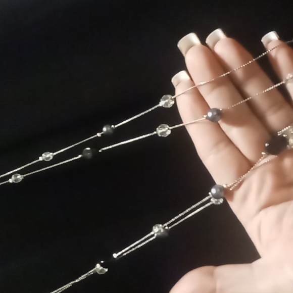 Loft long necklace 42 inches long silver tone blue faux pearl crystal cut Beaded - Picture 3 of 4